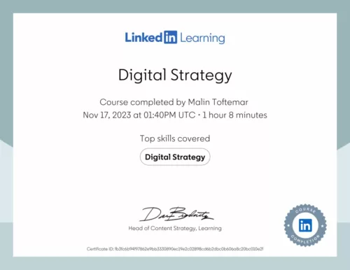 Certification Digital Strategy LinkedIn - Marknadsföringsbyrå Malin Toftemar Malmö Lund Ystad Stockholm och Sverige
